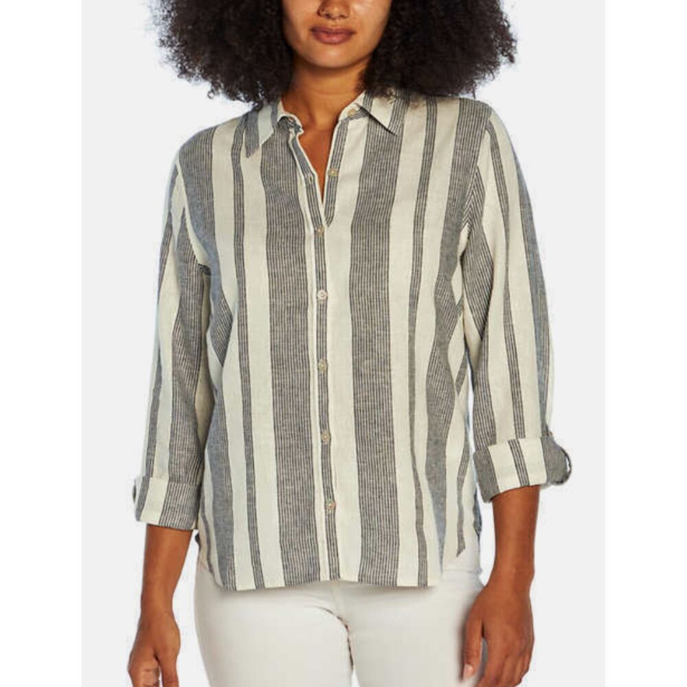 ~ Orvis XL Linen Blend Button Up Shirt "Island Stripe" Black Ivory Womens blouse